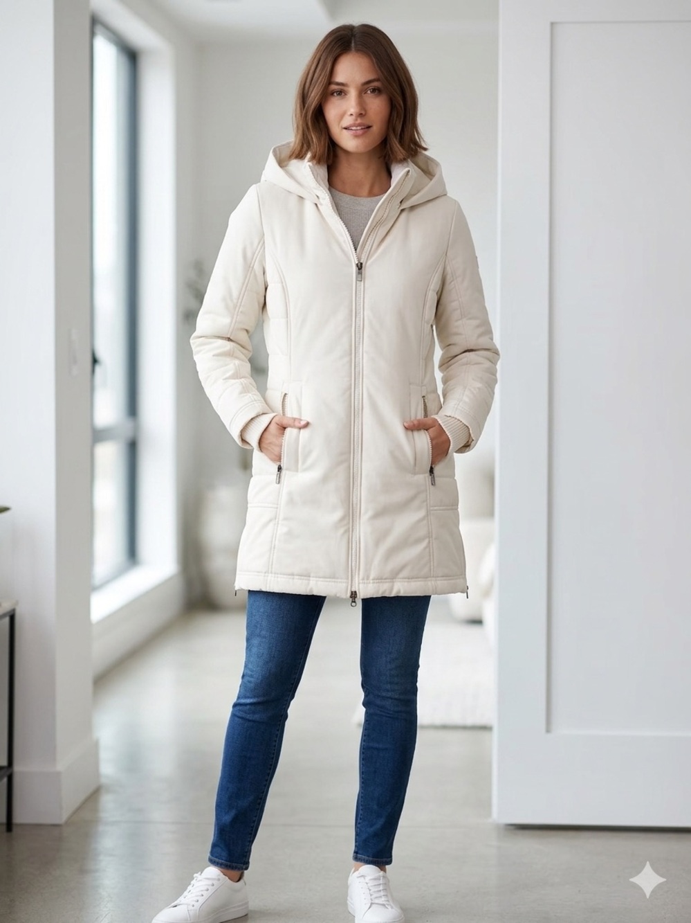 Lolë White Cream Quilted Hooded Mid-Length Puffer Jacket Coat - Picture 1 of 9